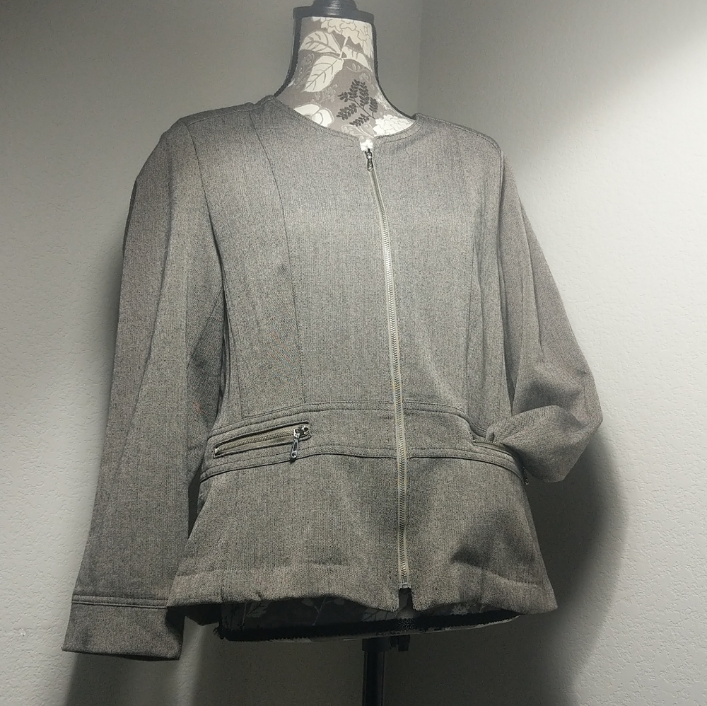 Business Professional Grey Textured Zip Up Blazer